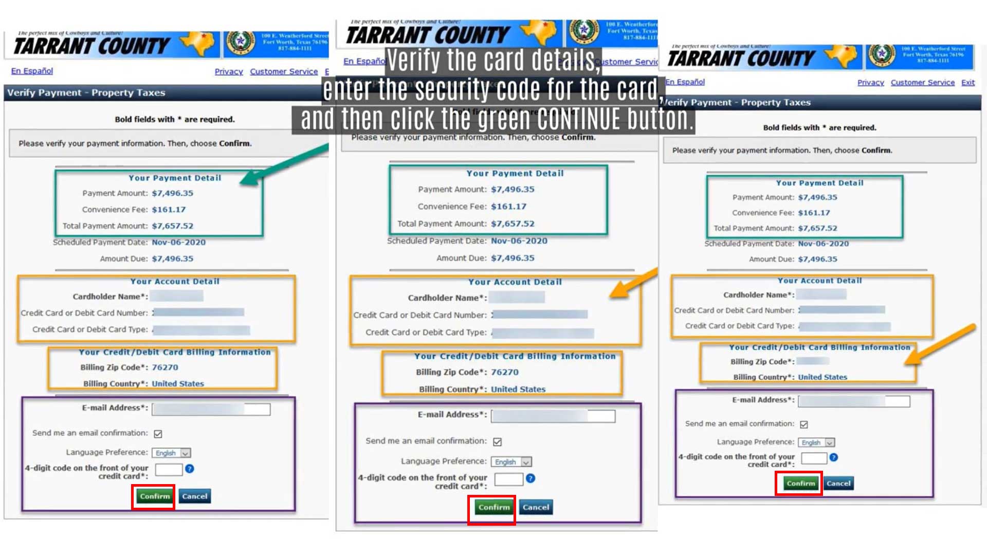 verify the account information and fill in the requested information Tarrant property tax
